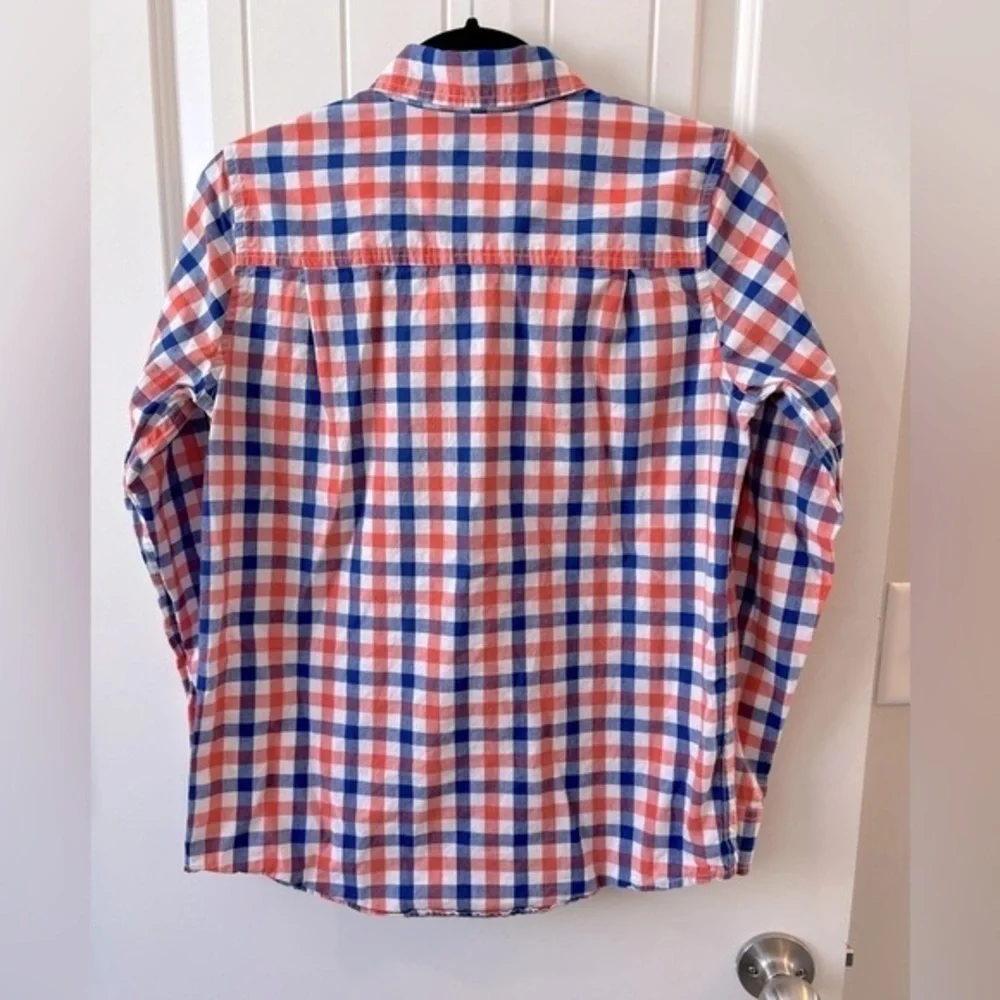 Childrens Place Boys Orange White Blue Plaid Button-Down Long Sleeve Shirt 14/XL